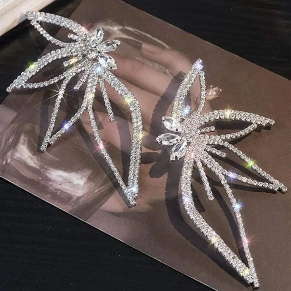 Silver Rhinestone Leaf Design Studded Earrings - Picture 4 of 12